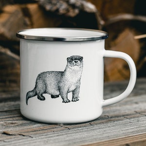 Hand-Drawn Otter 10 oz Camping Mug | River Otter Enamel Coffee Mug | Minnesota Gift | Rustic Cabin Decor | Sea Otter Mug