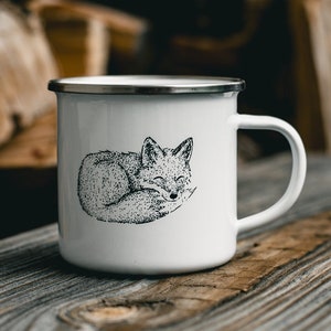 Hand-Drawn Sleepy Fox 10 oz Camping Mug | Woodland Enamel Coffee Mug | Kids Animal Mug | Camping Gear