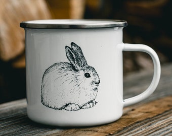 Hand-Drawn Snowshoe Hare 10 oz Camping Mug | Enamel Bunny Coffee Cup | Bunny Mug | Kids Animal Mug