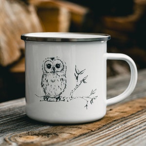 Hand-Drawn Owl Camp Mug | Single 10 oz Enamel Mug | Woodland Enamel Coffee Cup