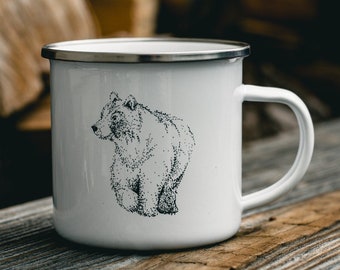 Hand-Drawn Bear 10 oz Camping Mug | Woodland Enamel Coffee Mug | Minnesota Gift | Rustic Cabin Decor | Camping Gear | Enamelware