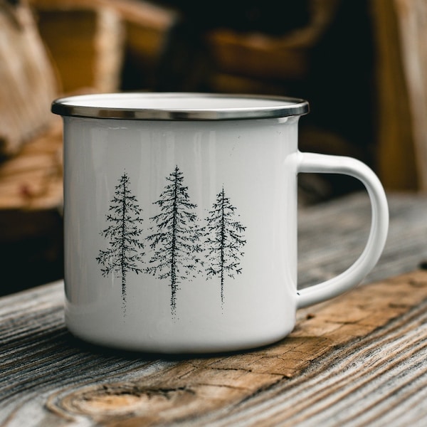 Hand-Drawn North Woods Pine Tree Metal and Enamel 10 oz Camping Mug | Minnesota Gift | Cabin Decor | Winter Trees
