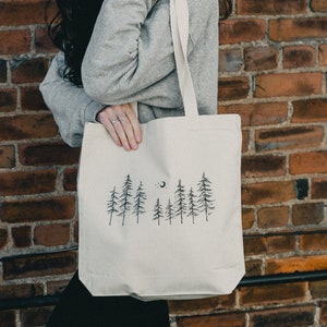 North Woods Nordic Pine Forest Organic Cotton Canvas Tote | Reusable Shopping or Library Book Bag With Tree Print | Hand Drawn Wearable Art