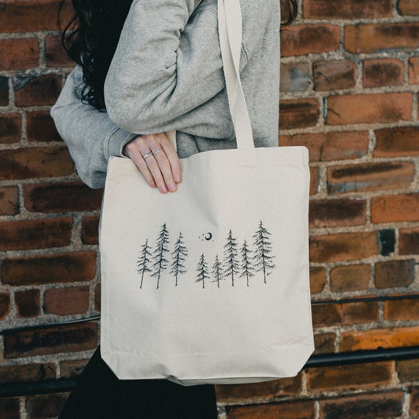 North Woods Nordic Pine Forest Organic Cotton Canvas Tote | Reusable Shopping or Library Book Bag With Tree Print | Hand Drawn Wearable Art