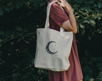 Moon and Stars Organic Cotton Tote Bag | Half Moon Tote | Market Bag | Moon Phase Tote | Reusable Shopping Bag | Witchy Shoulder Bag
