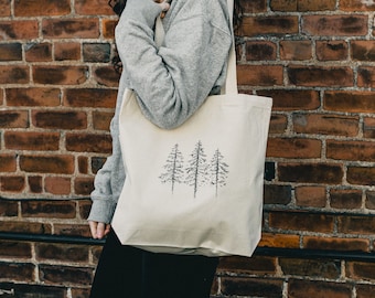 North Woods Organic Cotton Tote Bag | Canvas Pine Tree Tote | Market Bag | Eco Tote Bag | Reusable Shopping Bag | Shoulder Bag