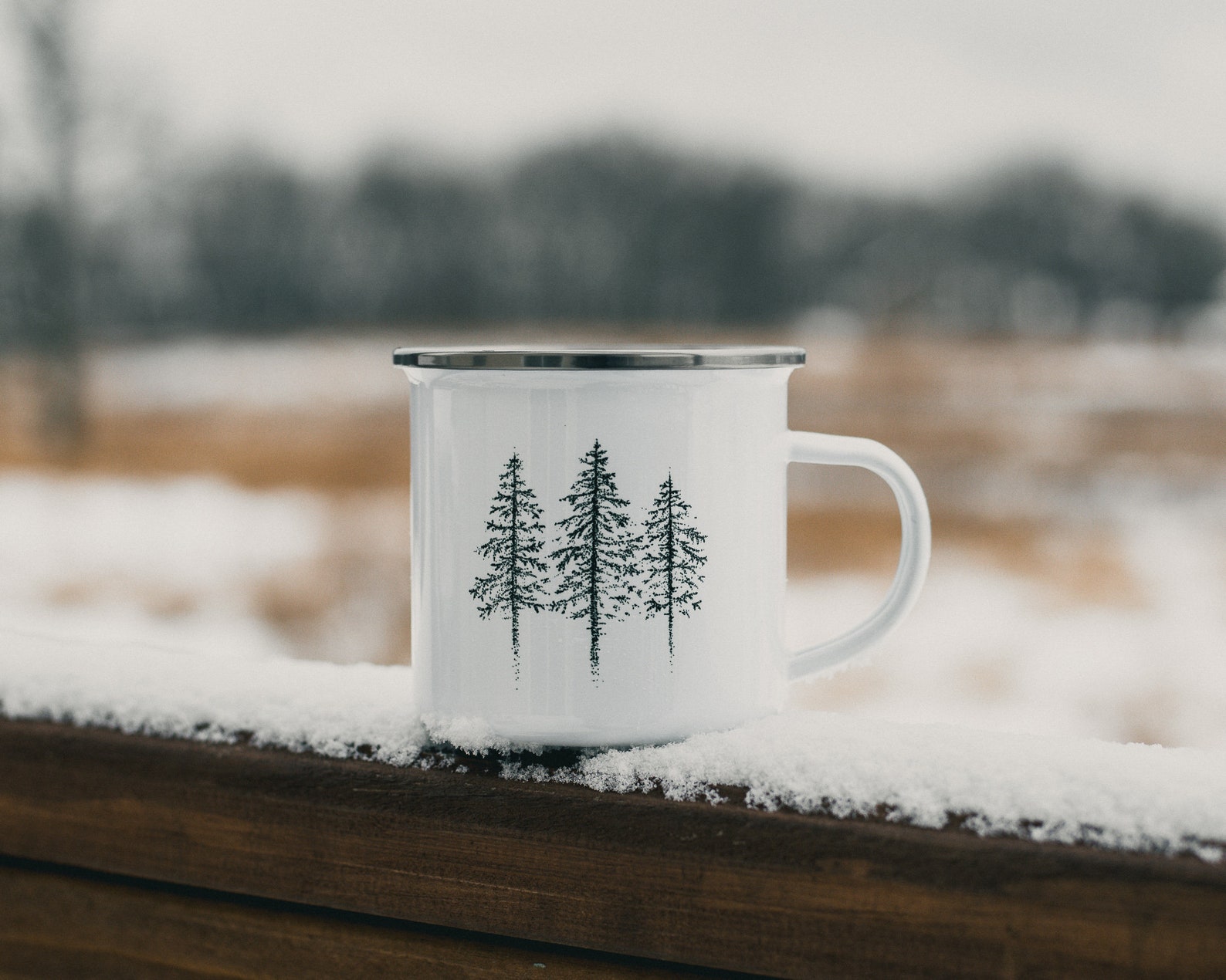 Hand-drawn North Woods Pine Tree Metal and Enamel Camping Mug | Etsy