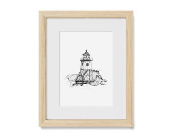 Hand-Drawn Grand Marais Lighthouse Art Print | Minnesota Wall Art | Nautical Decor