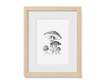 Impression de champignons dessinés à la main : art mural botanique agaric mouche