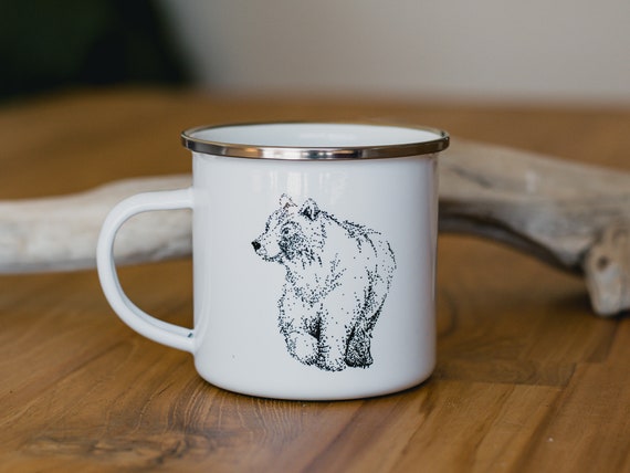 Hand-drawn Bear 10 Oz Camping Mug Woodland Enamel Coffee Mug Minnesota Gift  Rustic Cabin Decor Camping Gear Enamelware 