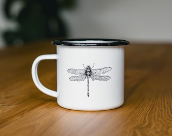 Hand-Drawn Dragonfly Camping Mug | Enamel Dragonfly Coffee Cup | Dragonfly Metal Mug