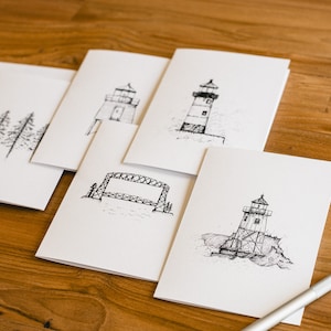 Minnesota Themed Card Pack | 5er Pack Grußkarten | "North Shore Lighthouse Karten, ""Lake Superior"" Karten, Originale Zeichnung, Schwarz Weiss."