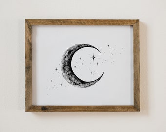 Hand Drawn Moon and Stars Print | Crescent Moon Art Print | Witchy Decor | Boho Wall Art | Celestial Art | Moon Phase Wall Decor