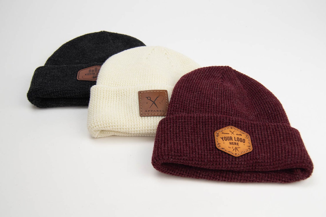 Waffle Knit Beanie Custom Leather Patch Hat Classic Winter Etsy