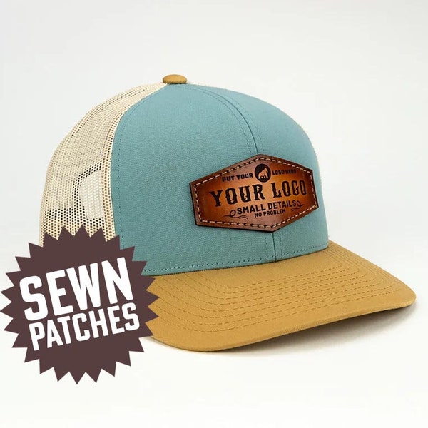 Custom Leather Patch Baseball Hats | Sewn On | Hand Finished Leather | Custom Shapes and Colors  | Custom Caps | Pacific 104c