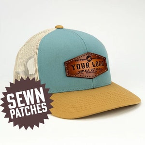 Custom Leather Patch Trucker Hats | Sewn On | Hand Finished Leather | Custom Shapes and Colors  | Custom Caps | Pacific 104c