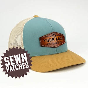 Custom Leather Patch Trucker Hats | Sewn On | Hand Finished Leather | Custom Shapes and Colors  | Custom Caps | Pacific 104c