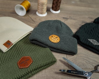 Custom Leather Patch Hats; Classic Winter Hats - Custom Leather Patch Beanies - Laser Engraved