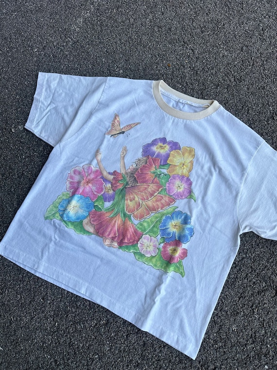 Vintage Y2K/00s Fairy Butterfly Floral Cropped T S