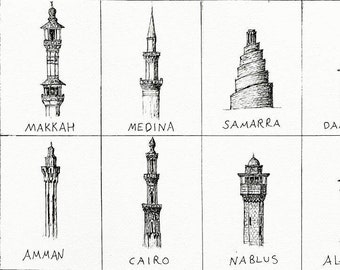 Collection of 25 Minarets - Islamic Wall Art Prints | Ornaments of the Cities | Islamic Architecture | Muslim World | Wall Art | Unframed