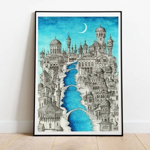 May include: A watercolor painting of a city with a blue river running through it. The city is made up of many buildings with towers and domes. The sky is blue with white stars and a crescent moon.