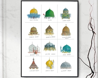 Helmets of the Cities - Different Types of Domes and Roofs from Muslim Architecture | Islamic Architecture | Wall art | Art Print | Unframed