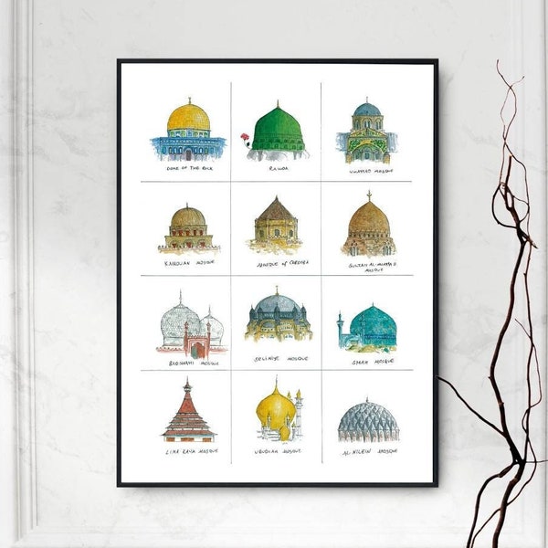 Helmets of the Cities - Different Types of Domes and Roofs from Muslim Architecture | Islamic Architecture | Wall art | Art Print | Unframed