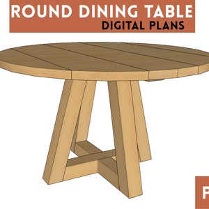 Op de afbeelding: Digitale plannen voor het bouwen van een ronde houten eettafel met een eenvoudig, modern ontwerp. De tafel heeft een breed, rond tafelblad en een stevige, vierpotige basis.