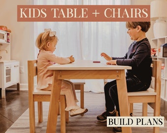 May include: Two children sit at a wooden table and chairs set. The table is white with a natural wood base. The chairs are also natural wood with white seats. The text "KIDS TABLE + CHAIRS BUILD PLANS" is at the bottom of the image.