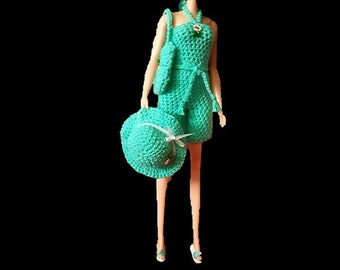 Green Romper, Hat, Bag and Shoes with high heels for 11,5 inch Fashion Doll