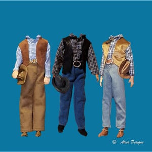 Handmade Cowboy Style Pants/Jeans, Shirt, Stetson Hat, Belt, Vest and Boots for 12 inch Fashion Dolls. Three options, choose one