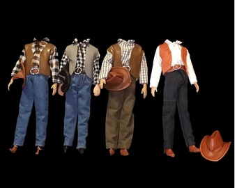 Handmade Cowboy Style Jeans, Shirt, Stetson Hat, Belt, Vest and Boots for 12 inch Fashion Dolls. Three options, choose one