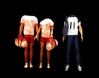 Handgemaakte sportoutfit en sporttas voor modepoppen van 11,5-12 inch. Drie opties, kies er één.