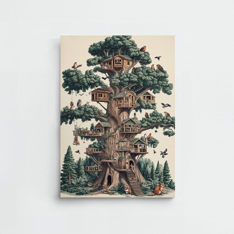 Treehouse Print Treehouse Neighborhood: Print | Woodland Animals Vintage Poster ...