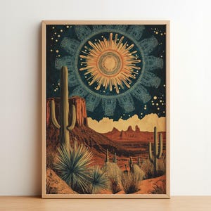 Saguaro Sonne: Poster | Arizona Wüste Vintage Poster | Moderne Boho Illustration | Warme Erdton-Wand-Dekor | Mandala