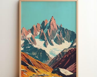 Majestic Peaks: Poster | Vibrant Mountain Landscape Print | Retro Alpine Wall Art | Snowy Summit Illustration | Bold Nature Adventure Decor