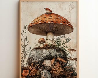 May include: A red and white mushroom with a small brown mushroom beside it. A small brown bird sits on top of the larger mushroom. The mushrooms are growing on a rock with green plants and brown leaves around them.