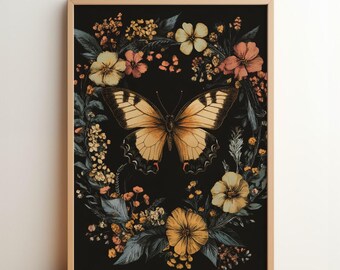May include: A black background with a yellow and brown butterfly surrounded by a wreath of yellow, orange, and pink flowers.