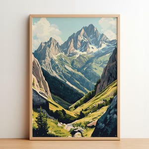 Valle de montaña: Póster / Impresión de paisaje alpino escénico / Arte mural de naturaleza serena / Ilustración de viaje vintage / Decoración de aventuras en la naturaleza