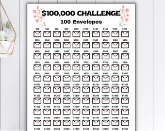 100K 100 Envelope Challenge Printable, 100K Challenge, Savings Goal, US Letter, 100,000 Saving Tracker, Money Challenge, Instant Download