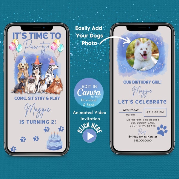 Video Invitation Birthday For Dogs | Dogs First Birthday | Animated Invitation | Digital Birthday Invitation | Canva Invitation Template