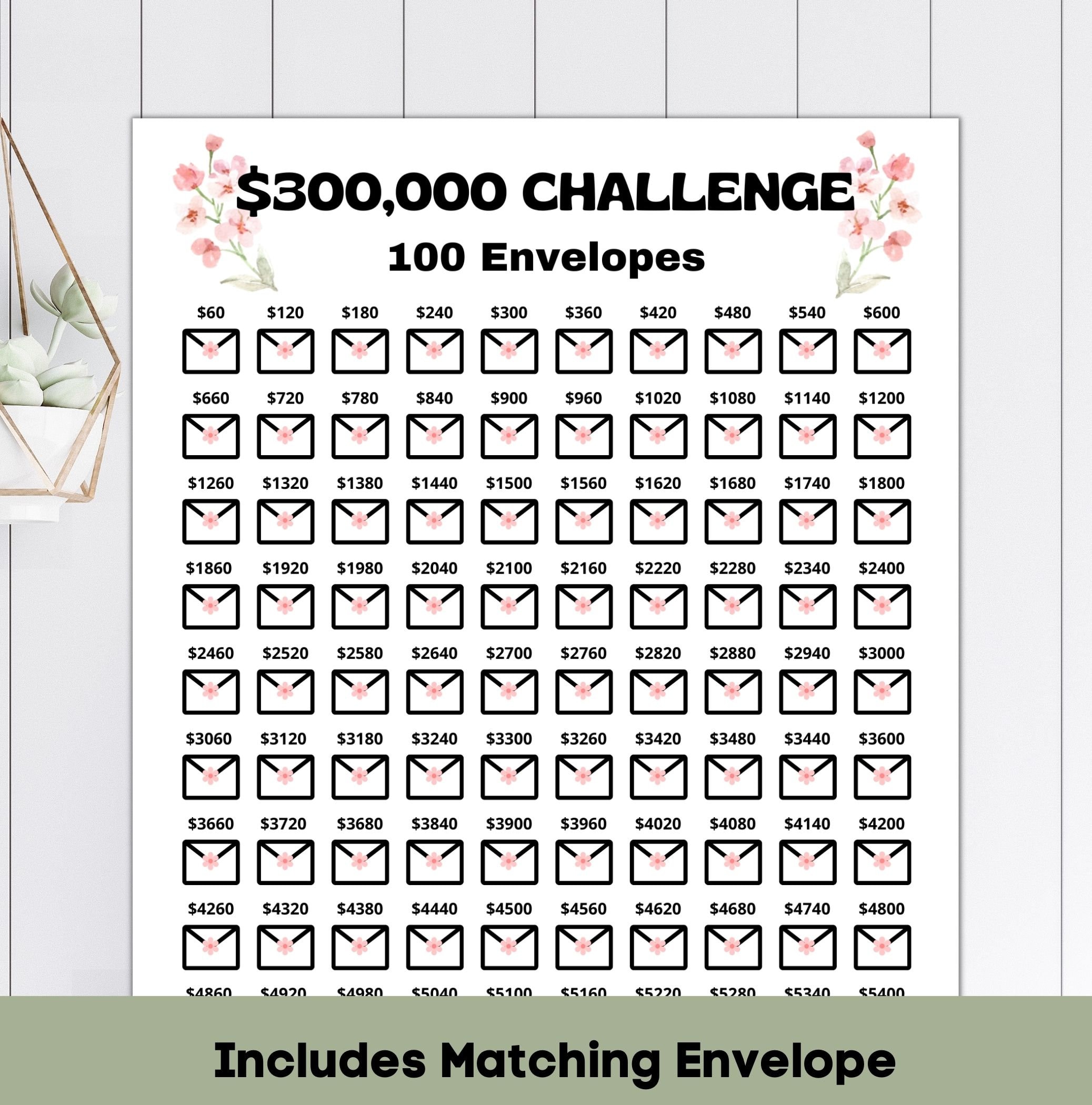 300K 100 Envelope Challenge Printable, 300K Challenge, Savings Goal, US Letter, 300,000 Saving Tracker, Money Challenge, Instant Download