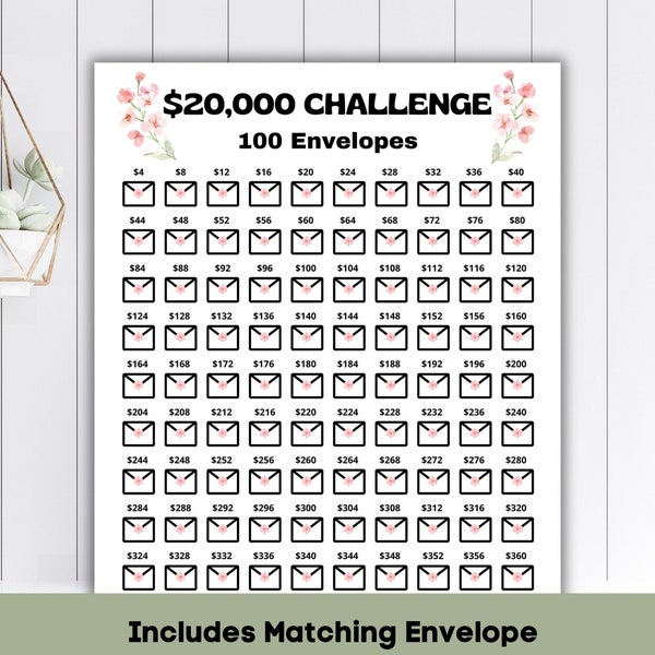 20K 100 Envelope Challenge Printable, 20K Challenge, Savings Goal, Money Envelope, 20,000 Saving Tracker, Money Challenge, Instant Download