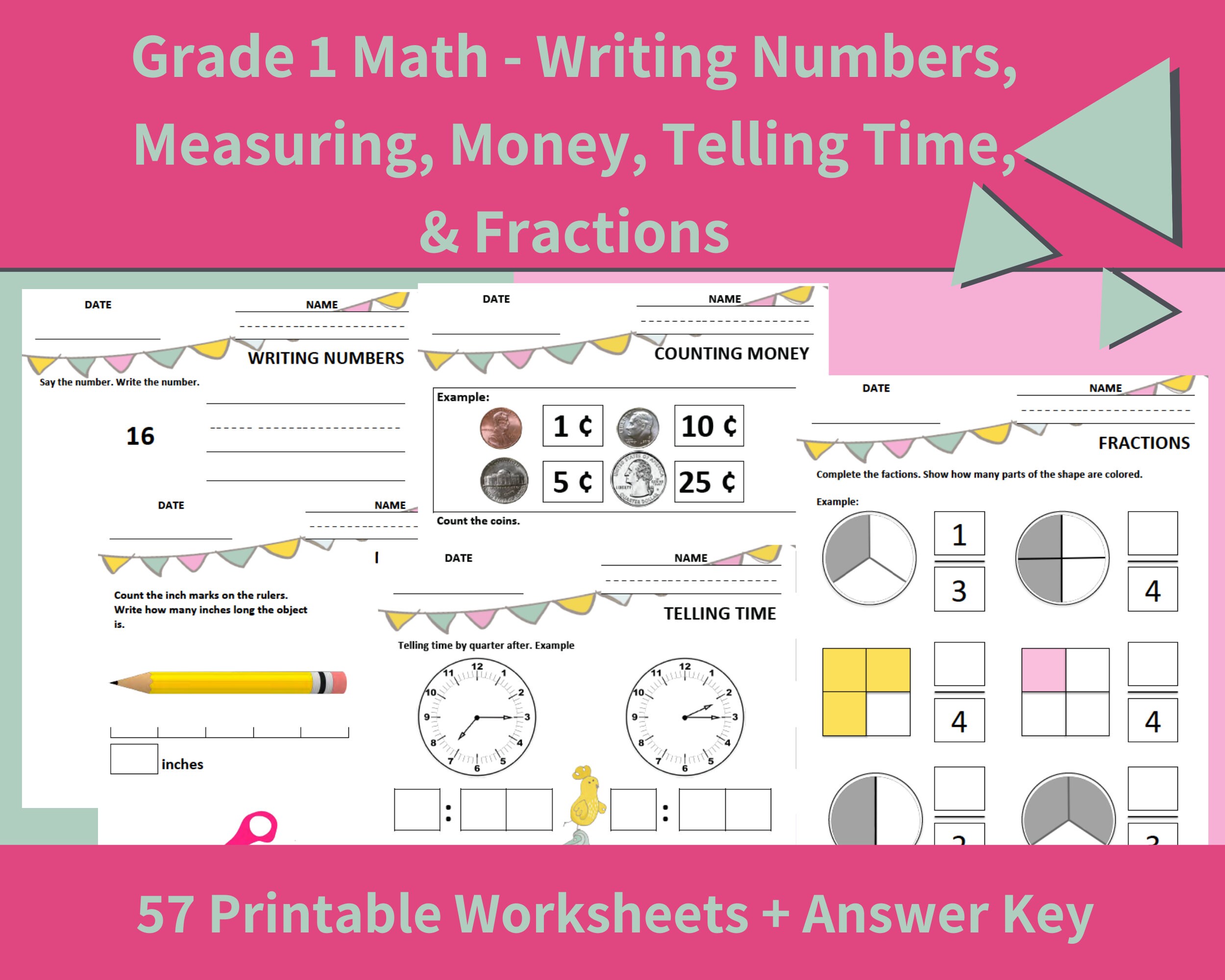 worksheets for 1st grade math writing numbers measuring etsy