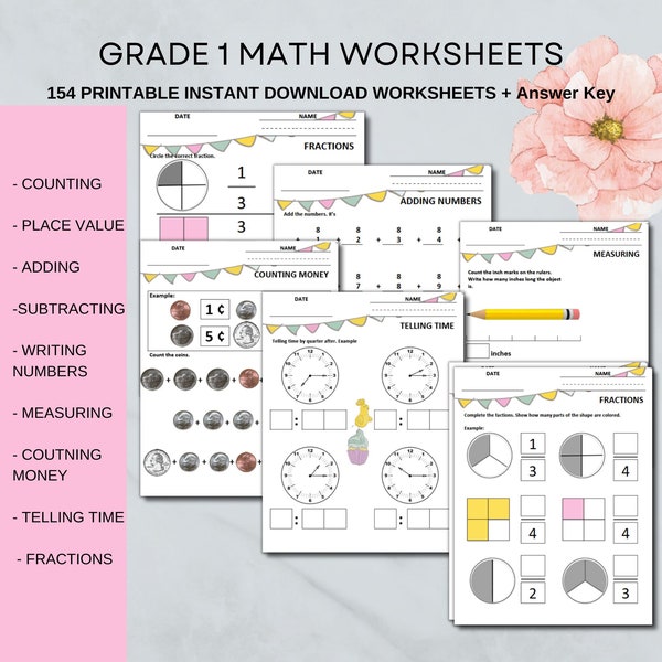 1st Grade Math Worksheets Printable | 154 Pages | Counting, Adding, Subtracting, Measuring, Counting Money, Telling Time, & Fractions