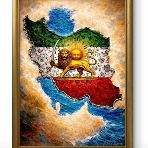 Iran Map Art Print, Lion and Sun Flag, Persian Home Decor, Iran Poster(Digital Download)