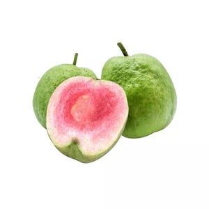 May include: Three guavas on a white background. One guava is cut in half, revealing a vibrant pink interior. The other two guavas are whole, with green skin and a slightly textured surface. The stems are visible.