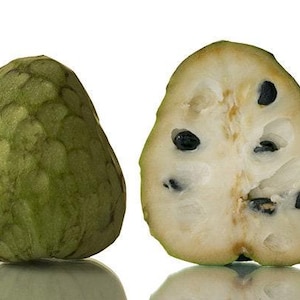 May include: A whole green cherimoya fruit and a halved cherimoya fruit with black seeds. The cherimoya is a tropical fruit with a creamy white flesh.