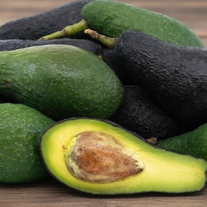 May include: A pile of fresh avocados, some with dark, almost black skin, and others with vibrant green skin. One avocado is cut open, revealing a creamy yellow interior and a large brown seed.