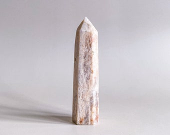 10.5CM // Blue Flash Hybrid Black & Peach Moonstone Stone Crystal Point Polished Tower Love Feminine New Beginnings Meditation Crystal